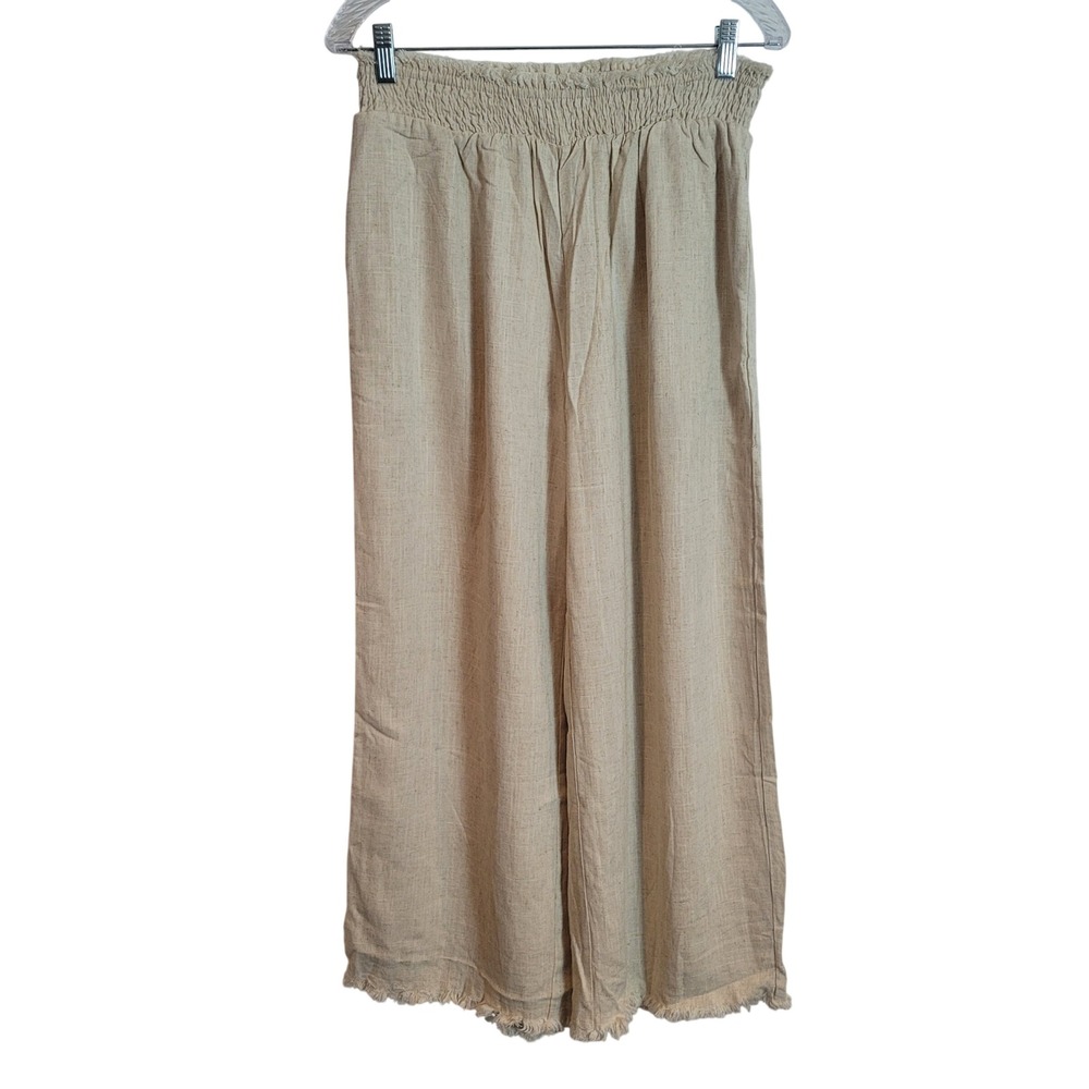 Solai Womens Wide‎ Leg Linen Blend Smocked Waist Frayed Hem Pants Beige Large